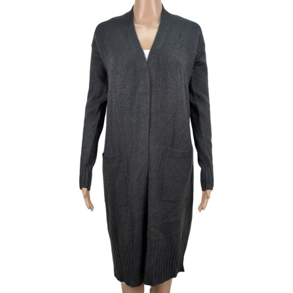 Cardigan Long Dark Gray Open Pockets Womens Size small Warm Fall Autumn Winter